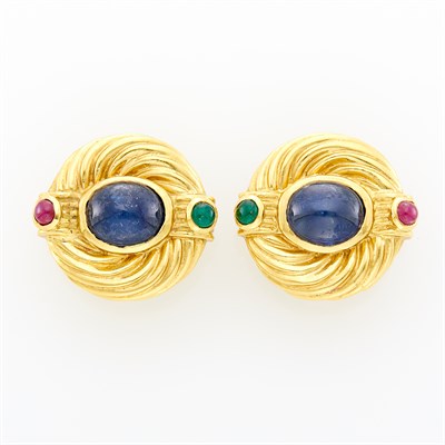 Lot 100 - Pair of Gold and Cabochon Gem-Set Earclips
