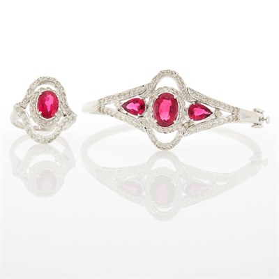 Lot 1081 - White Gold, Rubellite and Diamond Bangle Bracelet and Ring
