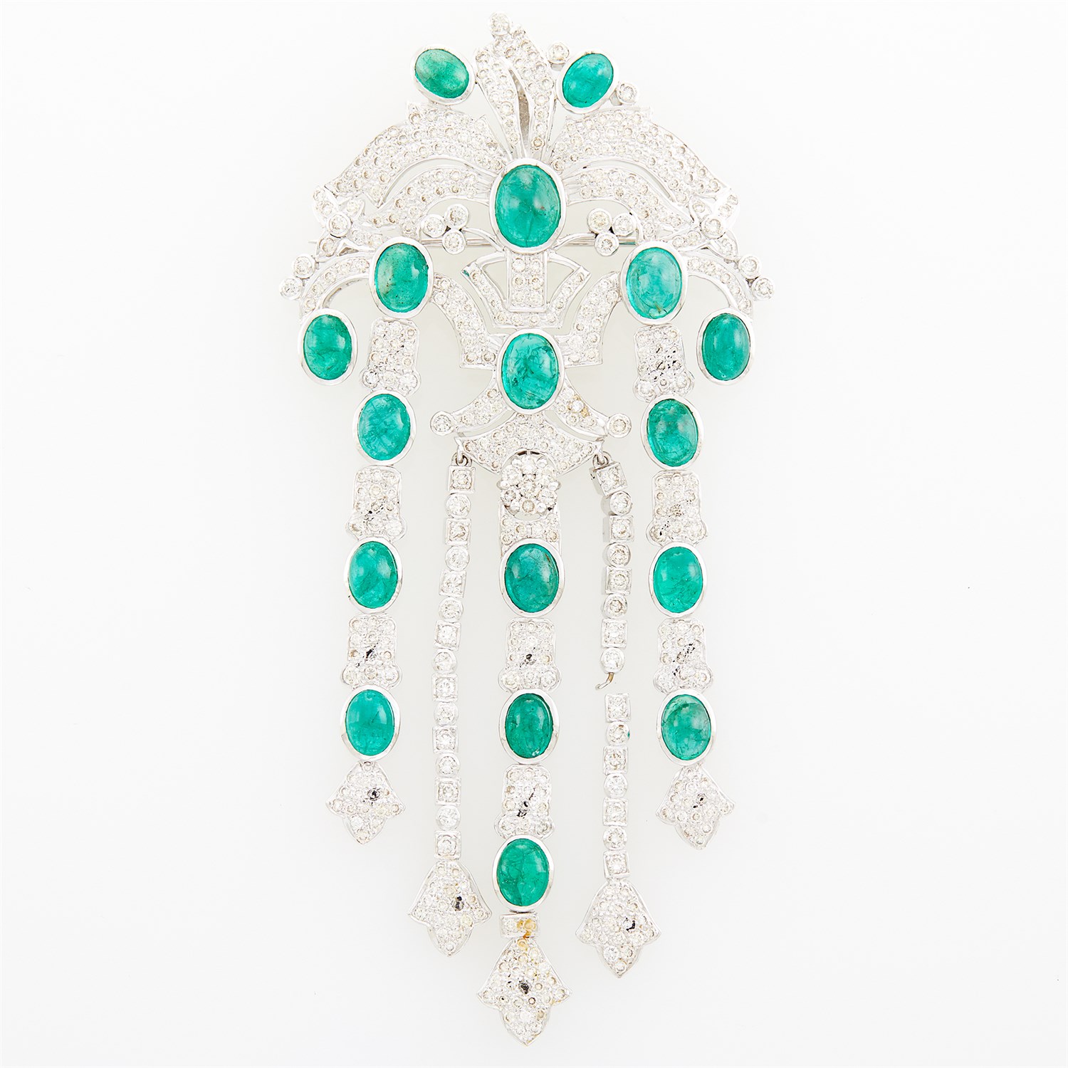 Lot 1065 - White Gold, Cabochon Emerald and Diamond Fringe Pendant-Brooch