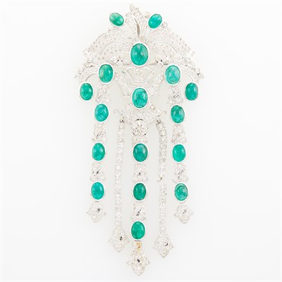 Lot 1065 - White Gold, Cabochon Emerald and Diamond Fringe Pendant-Brooch