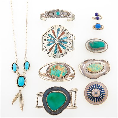 Lot 253 - Group of Silver, Turquoise, Lapis and Hardstone Jewelry and Costume Brooch