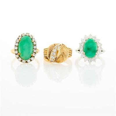 Lot 225 - Two Gold, White Gold, Jade and Diamond Rings and Gold and Diamond Ring