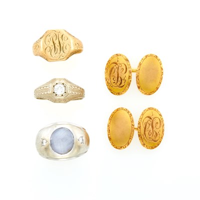 Lot 1152 - Three Yellow and White Gold, Diamond and Gray Star Sapphire Rings and Pair of Gold Cufflinks