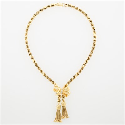 Lot 1209 - Gold and Diamond Bow Tassel Necklace