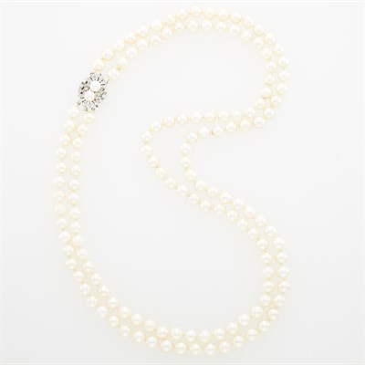 Lot 1159 - Double Strand Cultured Pearl Necklace with White Gold, Diamond and Cultured Pearl Clasp
