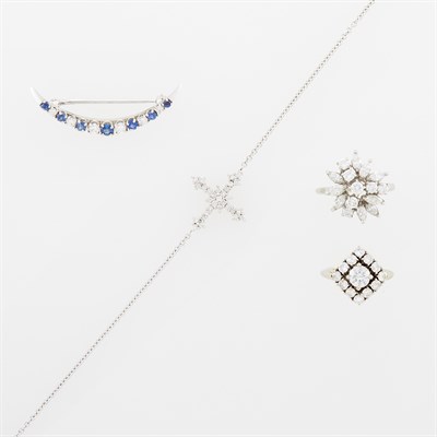 Lot 79 - Two White Gold and Diamond Rings, Diamond Cross Bracelet and Sapphire and Diamond Crescent Pin