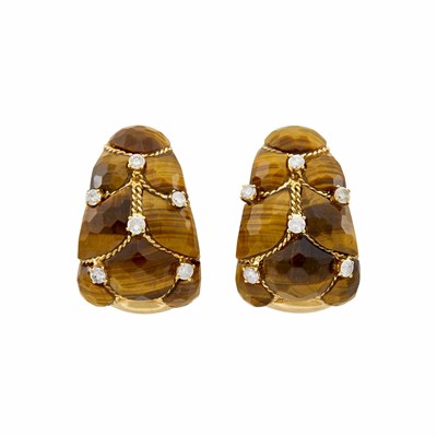 Lot 8 - Pair of Gold, Tiger's Eye and Diamond Hoop Earclips