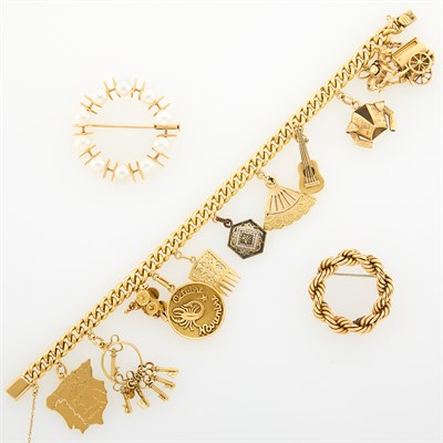 Lot 1212 - Gold and Metal Charm Bracelet, Cultured Pearl Brooch and Gold-Filled Brooch