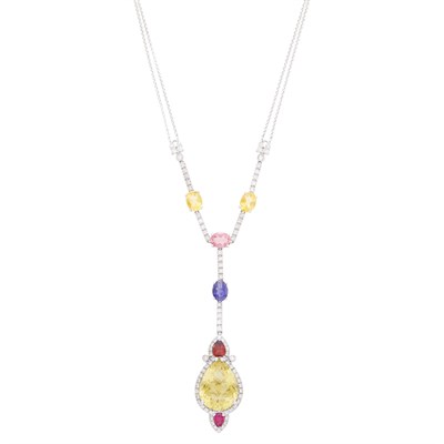 Lot 1056 - White Gold, Colored Stone and Diamond Pendant-Necklace