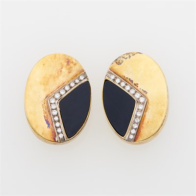 Lot 1042 - Pair of Gold, Black Onyx and Diamond Earclips