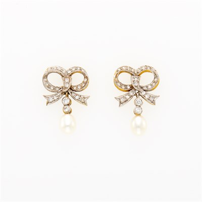 Lot 154 - Pair of Platinum, Gold, Cultured Pearl and Diamond Bow Earrings