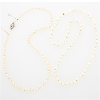 Lot 189 - Cultured Pearl, White Gold and Diamond Necklace and Cultured Pearl Necklace