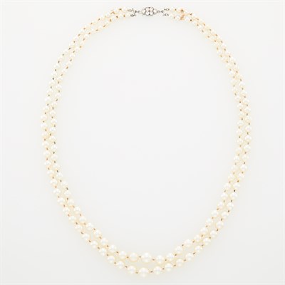 Lot 185 - Double Strand Cultured Pearl Necklace with Platinum and Diamond Clasp