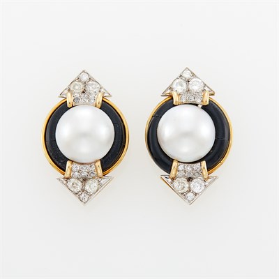 Lot 1218 - Emis Pair of Two-Color Gold, Mabé Pearl, Black Onyx and Diamond Earclips