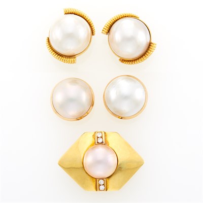 Lot 1214 - Gold, Mabé Pearl and Diamond Enhancer and Two Pairs of Gold and Mabé Pearl Earclips