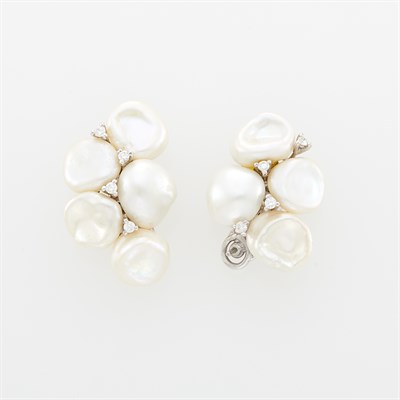 Lot 1193 - Yvel Pair of White Gold, Freshwater Pearl and Diamond Cluster Earclips