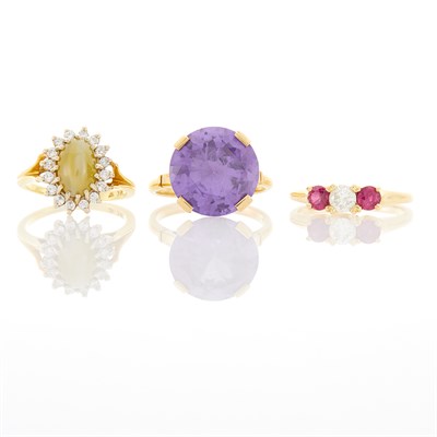 Lot 1196 - Three Gold, Low Karat Gold, Colored Stone and Diamond Rings