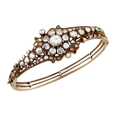 Lot 1183 - Antique Low Karat Gold and Diamond Bangle Bracelet