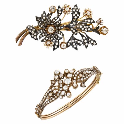 Lot 1182 - Antique Gold, Silver and Diamond Bracelet and Floral 'En Tremblant' Clip-Brooch