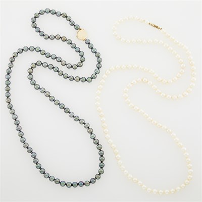 Lot 1236 - Two Long, Cultured Pearl and Black Cultured Pearl Necklaces with Gold Clasps