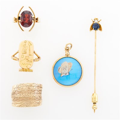 Lot 1164 - Three Gold and Garnet Rings, Butterfly Wing Pendant and Sapphire and Diamond Bee Stick Pin