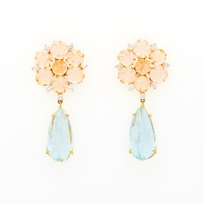 Lot 137 - Pair of Gold, Aquamarine, Morganite and Diamond Pendant-Earrings