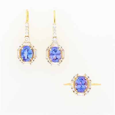 Lot 135 - Pair of Gold, Tanzanite and Diamond Pendant-Earrings and Ring