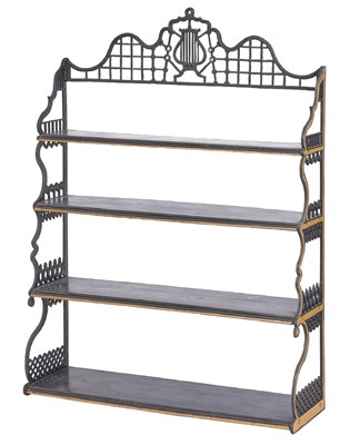 Lot 234 - Black Iron and Wood Hanging Shelf With four...