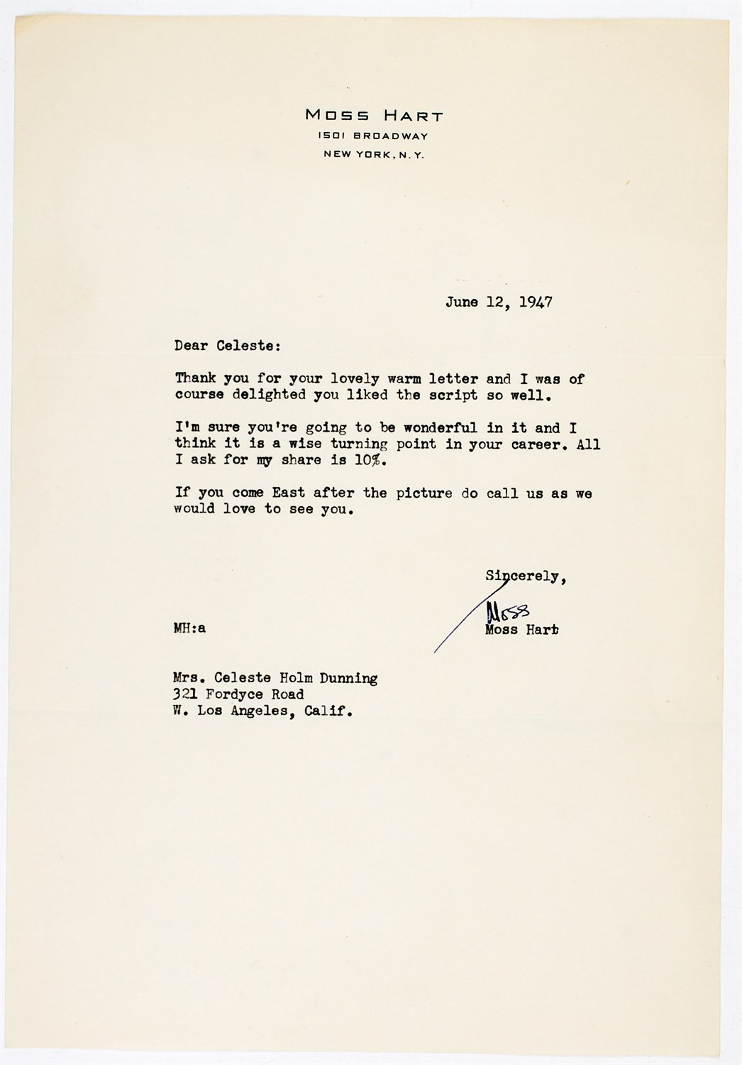 Lot 5095 - Two rare letters from Moss Hart about an Oscar winner