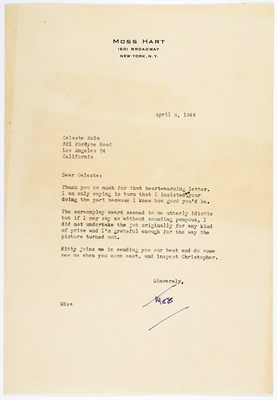 Lot 5095 - Two rare letters from Moss Hart about an Oscar winner