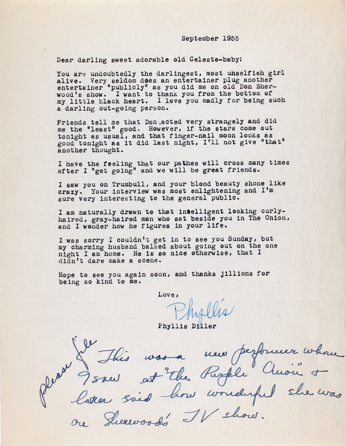 Lot 5066 - A letter from comedienne Phyllis Diller to Celeste Holm