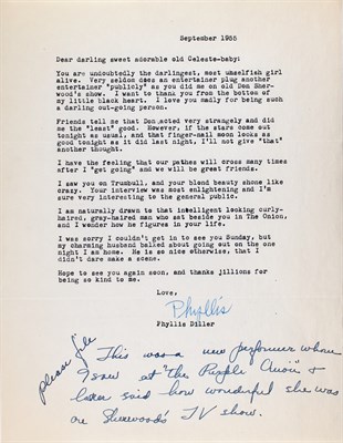 Lot 52 - DILLER, PHYLLIS Typed letter signed to Celeste...
