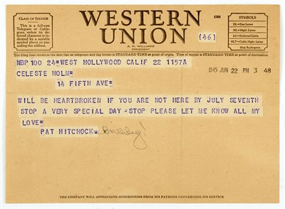 Lot 37 - HITCHCOCK, PAT Group of letters and telegrams...