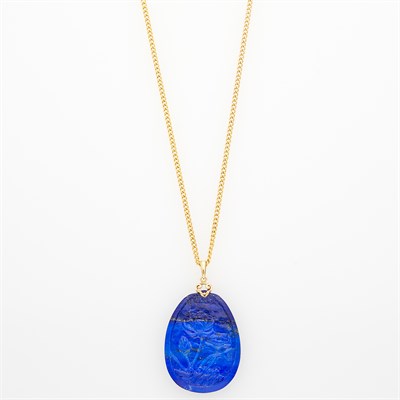 Lot 1129 - Carved Lapis Pendant with Long Gold Chain Necklace