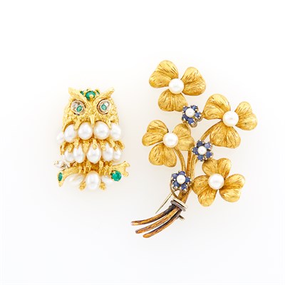 Lot 1205 - Two Gold, Cultured and Freshwater Pearl and Gem-Set Brooches