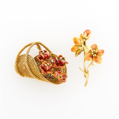 Lot 1163 - Two Gold, Enamel and Diamond Flower Pins