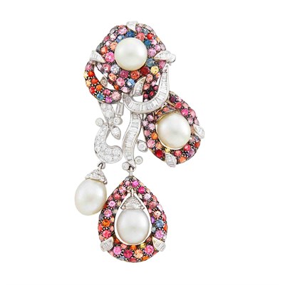 Lot 65 - White and Blackened White Gold, Multicolored Spinel, Cultured Pearl and Diamond Pendant-Brooch