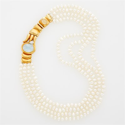 Lot 1011 - Manfredi Four Strand Freshwater Pearl, Gold, Blue Topaz, Citrine and Diamond Necklace