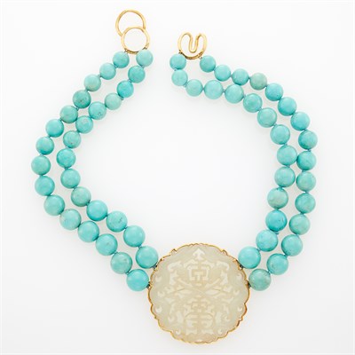 Lot 1095 - Double Strand Turquoise Bead, Gold and Carved Jade Necklace