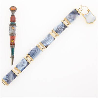 Lot 1172 - Silver-Gilt, Scottish Agate and Hardstone Charm Bracelet and Silver, Scottish Agate and Citrine Brooch
