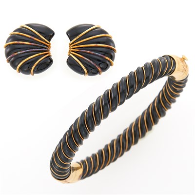 Lot 1037 - Pair of Gold and Black Onyx Earrings and Bangle Bracelet