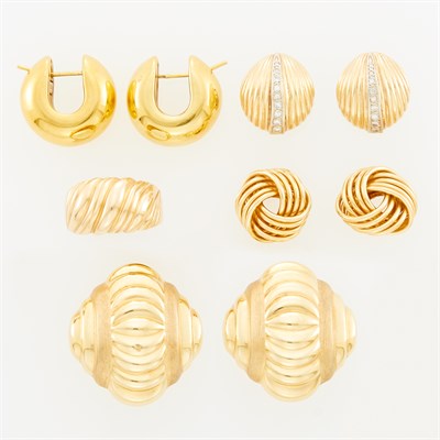 Lot 1133 - Pair of Two-Color Gold and Diamond Earrings, Three Pairs of Gold Earrings and Ring