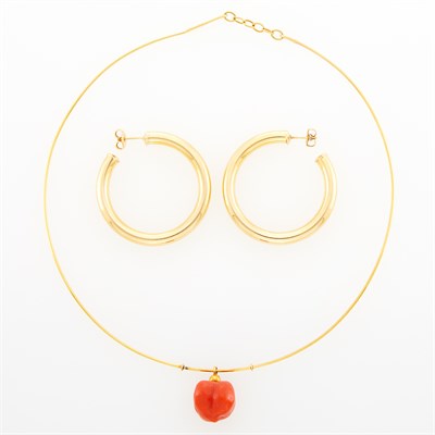 Lot 1020 - Pair of Gold Hoop Earrings and Tiffany & Co., Elsa Peretti Gold and Carved Coral Pepper Pendant-Necklace