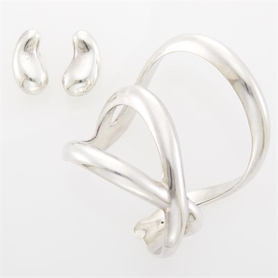 Lot 1026 - Angela Cummings Sterling Silver Cuff Bangle Bracelet and Tiffany & Co., Elsa Peretti Pair of 'Bean' Earclips