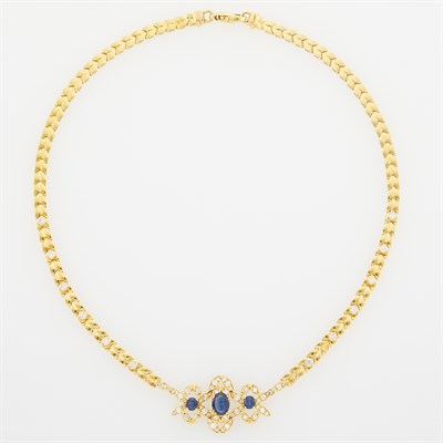 Lot 1116 - Gold, Low Karat Gold, Sapphire and Diamond Necklace