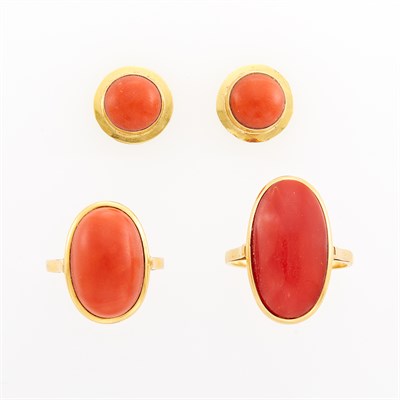 Lot 1221 - Two Gold and Coral Rings and Pair of Stud Earrings
