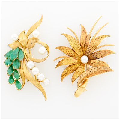 Lot 1117 - Two Gold, Jade and Cultured Pearl Brooches