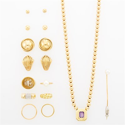 Lot 1207 - Group of Gold Rings, Pendant-Necklace, Stick Pin and Four Pairs of Earrings