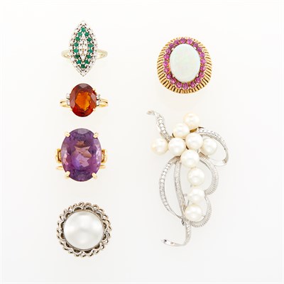 Lot 1155 - Five Gold and Gem-Set Rings and Silver and Cultured Pearl Brooch