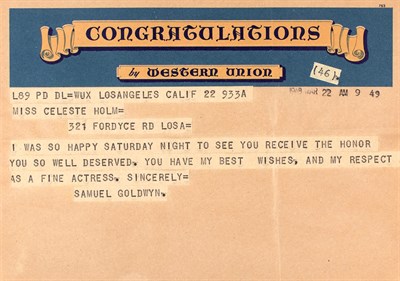 Lot 34 - GOLDWYN, SAMUEL Congratulations telegram to...
